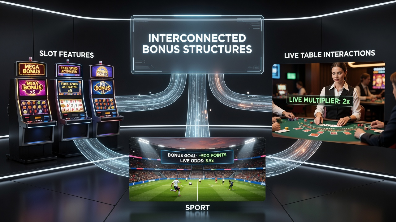Mobile Transaktionsschnittstelle mit verknüpften Bonusoptionen für Slots, Live-Tische und Sportwetten
