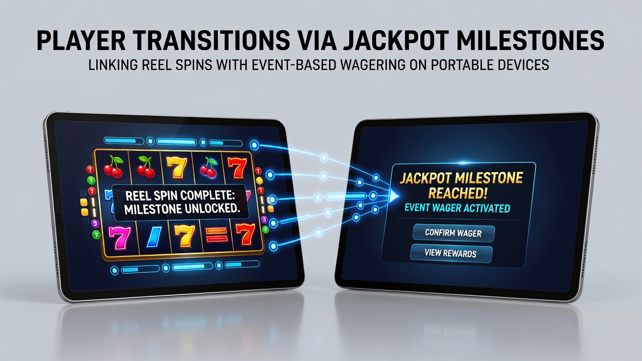 Mobile Geräte zeigen Walzenspins und Jackpot-Meilensteine in einem Casino-App-Interface