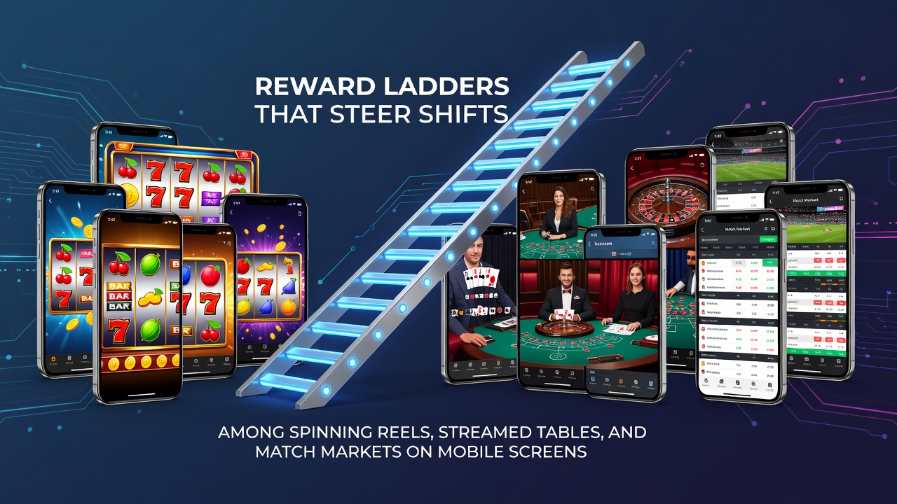 Mobile Bildschirme zeigen gestaffelte Belohnungen zwischen Slots, Live-Tischen und Wettmärkten